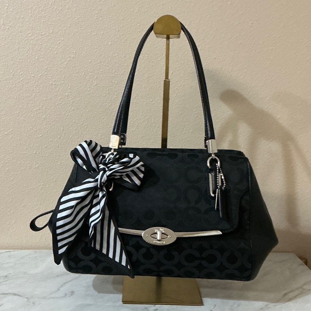 Coach Madison Op Art Sateen Madeline Satchel with silver hardware. (ECU)